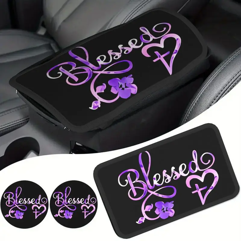 1Pc Car Armrest Cover + 2Pcs Cup Coasters, Blessed Heart Cross Floral Pattern, Car Interior Christian Style Accessories