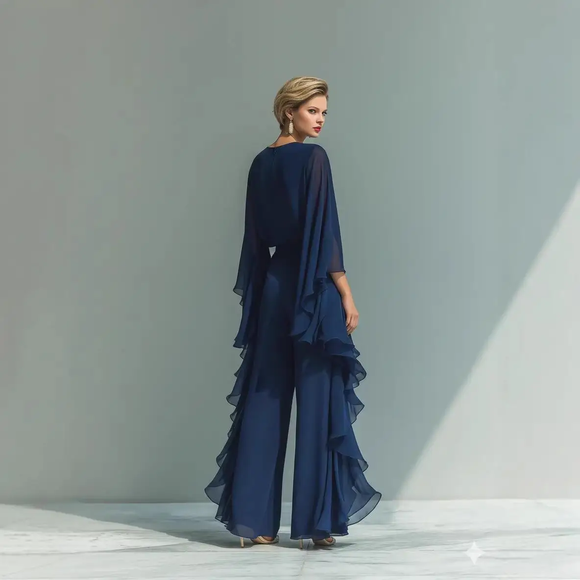 Blue Top with Flared Sleeves And Straight Leg Pants Casual Style Seven Sleeve Chiffon Shirt Pure Color Nine Point Pants