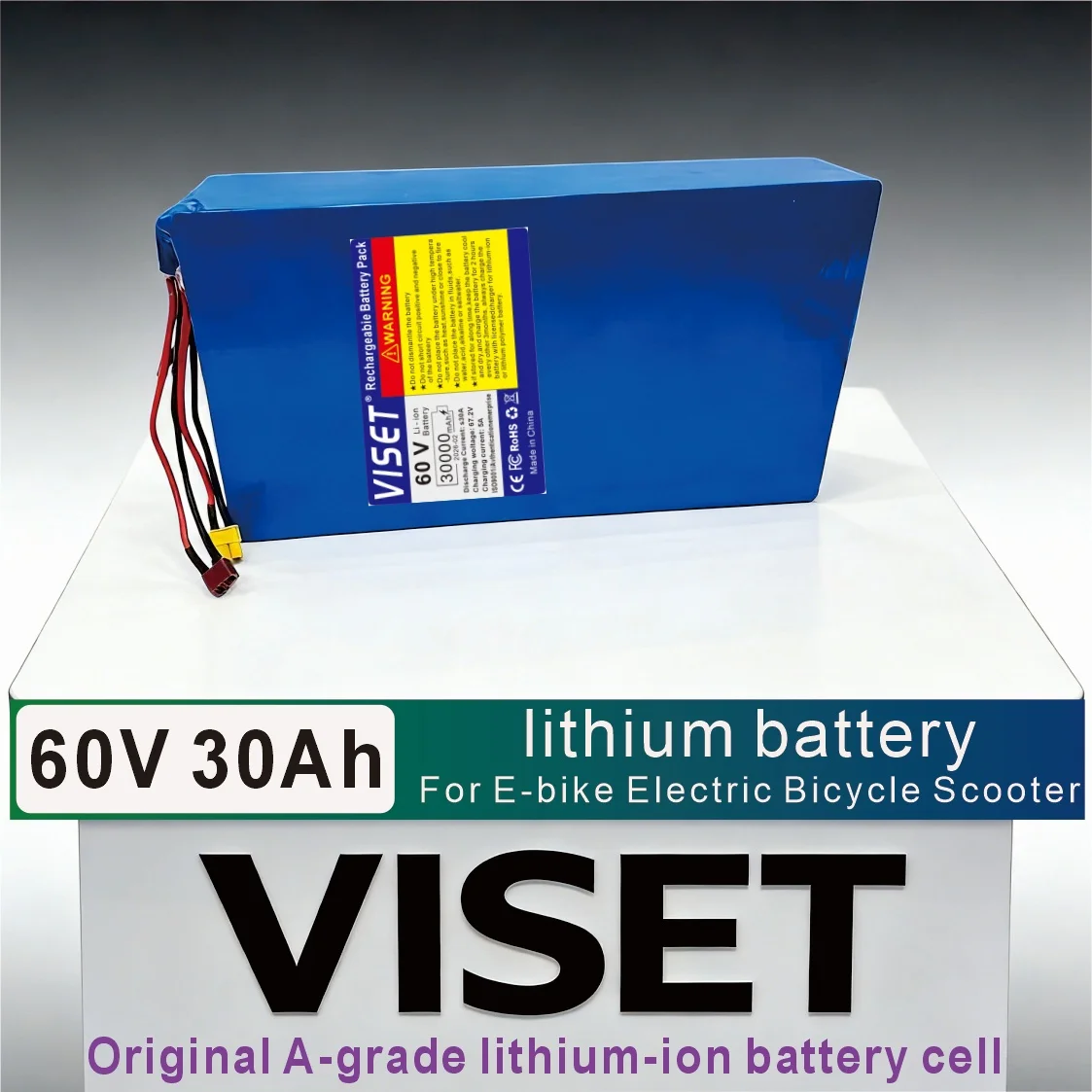 VISET 60V 30AH Bicycle 18650 Motorcycle Battery Pack 1000W-3000W Rechargeable Battery, Long Range, Equipped with Same Port BMS