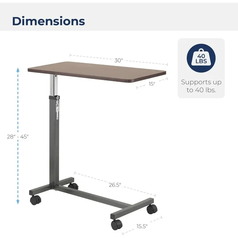 13067 Non Tilt Top Overbed Table with Wheels, BedSide Table, Adjustable Overbed Rolling Table, Adjustable Standing Desk