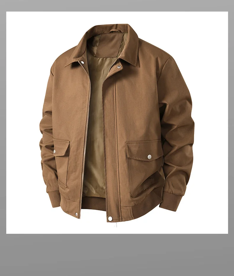 Men Brown Lapel Collar Bomber Jacket Zip Up Casual Outerwear With Button Pockets