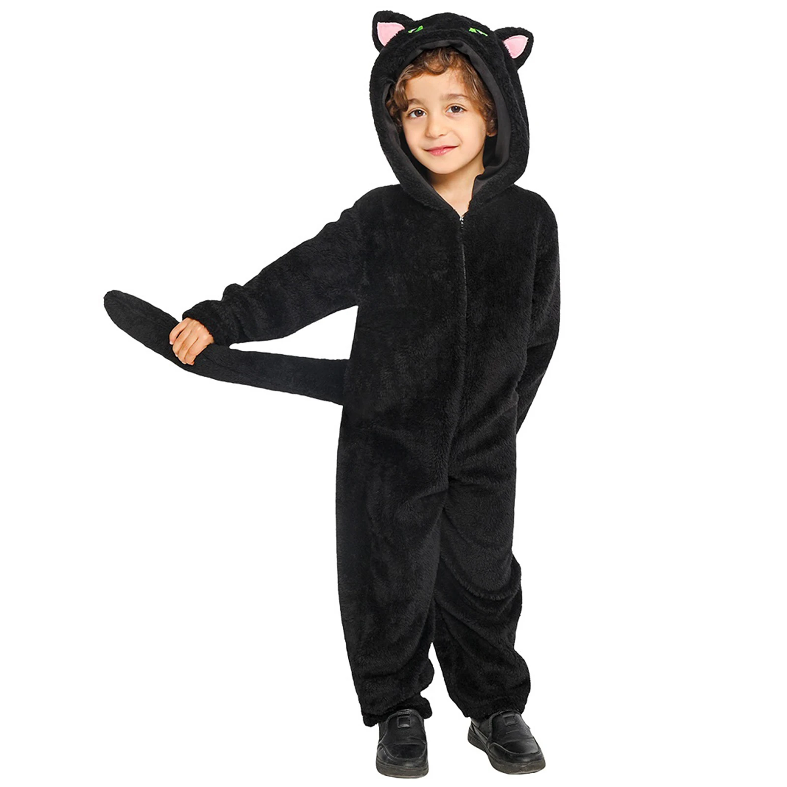 Kids Black Cat Cosplay Costume Plush Long Sleeve Zipper Closure Hood Jumpsuit with Long Tail for Boys Girls view 4