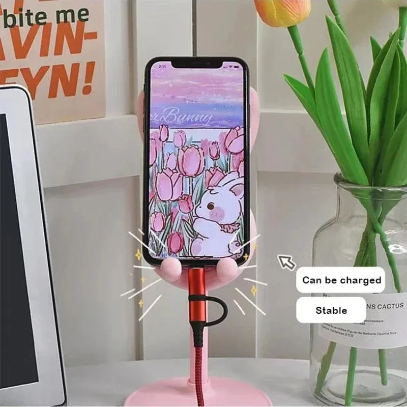 Pink Phone Holder Adjustable Lovely Rabbit Cartoon Table SupportDesktop Cell Phone Stand for IPhone 13 14 Samsung Smartphone