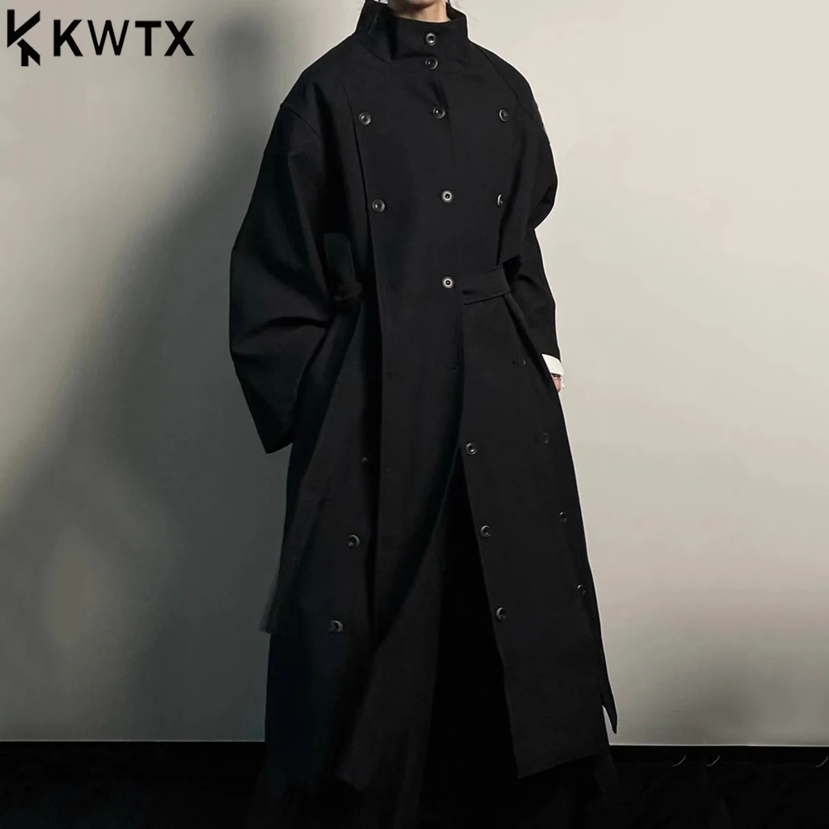 

KWTX Women’s 2025 Trench Coat Triple Button Stand Collar Solid Color Patchwork Vintage Winter Jacket Casual Premium Outerwear
