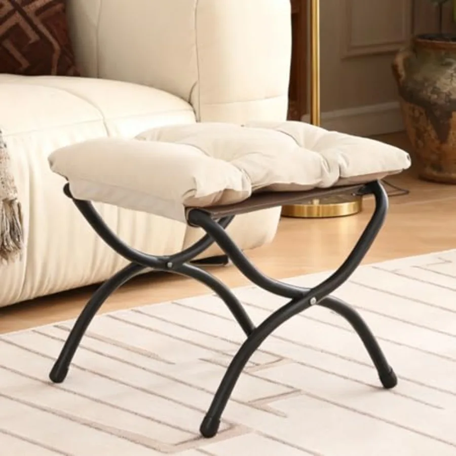 

Folding Foot Stool Upholstered Small Accent Ottoman with Detachable Thick Cotton Cushion Padded Sofa Stool and Metal Frame for