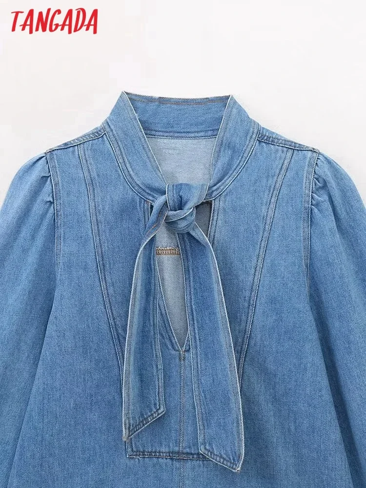 Tangada 2023 Women Blue Denim Cotton Shirt With Bow Long Sleeve Female Loose Blouse Tops 6H321X