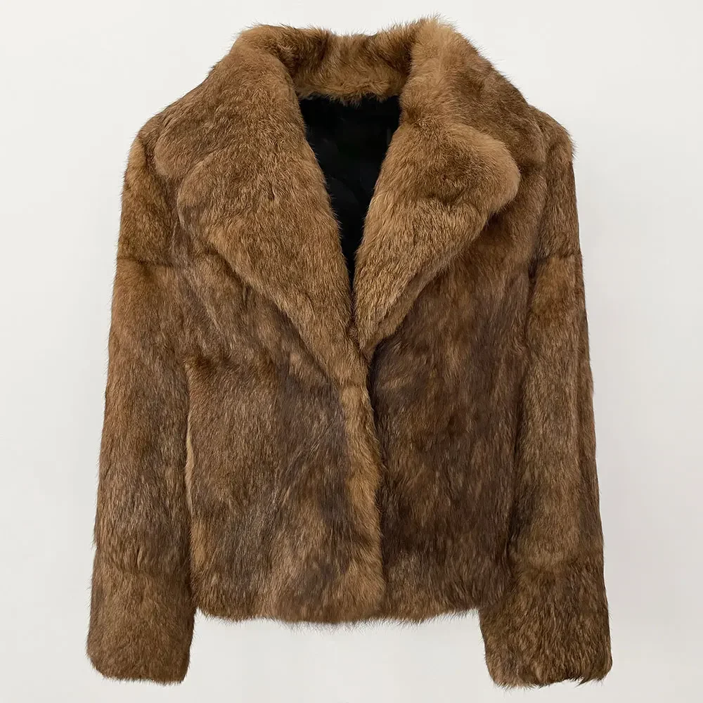 MENINA-Casaco natural de pele de coelho para mulheres, jaqueta leopardo, grossa e quente, casacos elegantes, streetwear, gola virada para baixo, inverno, 2024