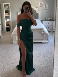 Elegant Sheath/Column Elastic Woven Satin Ruched Off-the-Shoulder Sleeveless Floor Length Backless Sweep/Brush Train Dresses