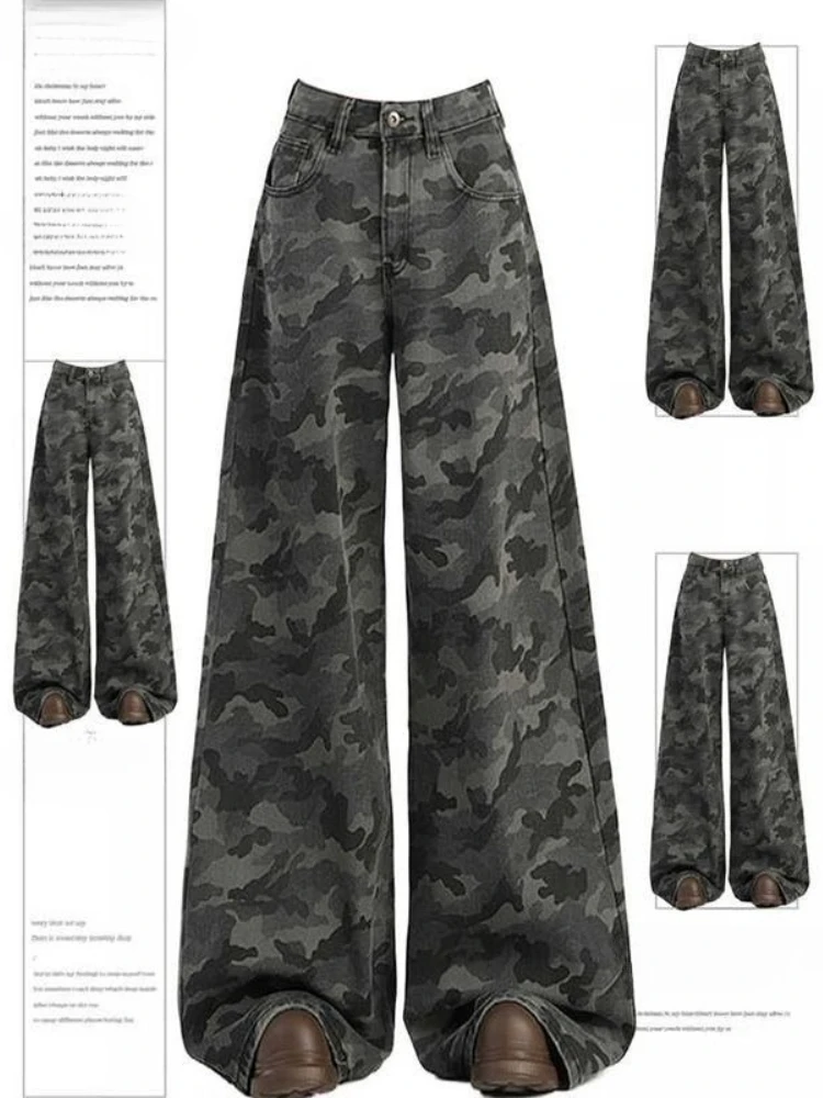 

Камуфляжная женская винтажная одежда большого размера в американском стиле ретро, джинсы для похудения, широкие брюки, уличная одежда, стиль 202, осенняя мода