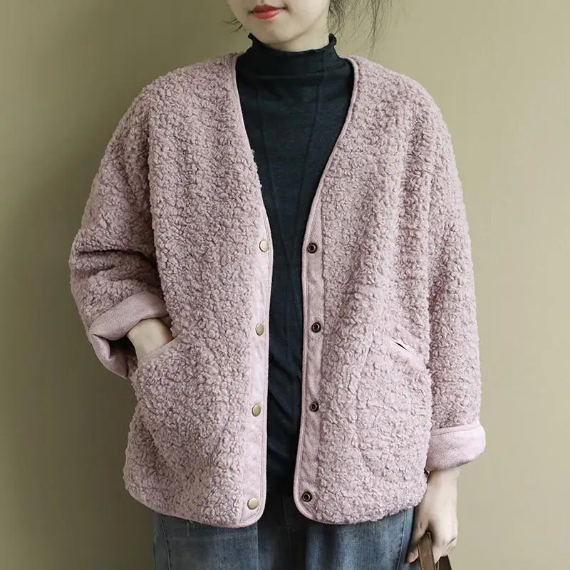 

Loose Long Sve ort Jaet Women's plus Size Lamb Velvet Single Button Cotton Clothes Autumn Winter New Sle Artistic