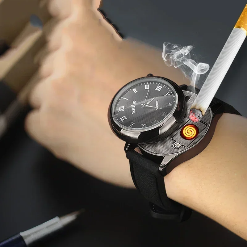 New Unusual Creative Men's Watch Gold Portable Lighter Windproof Flameless Charging USB Cigarette Lighter Tool Exquisite Gift view 2