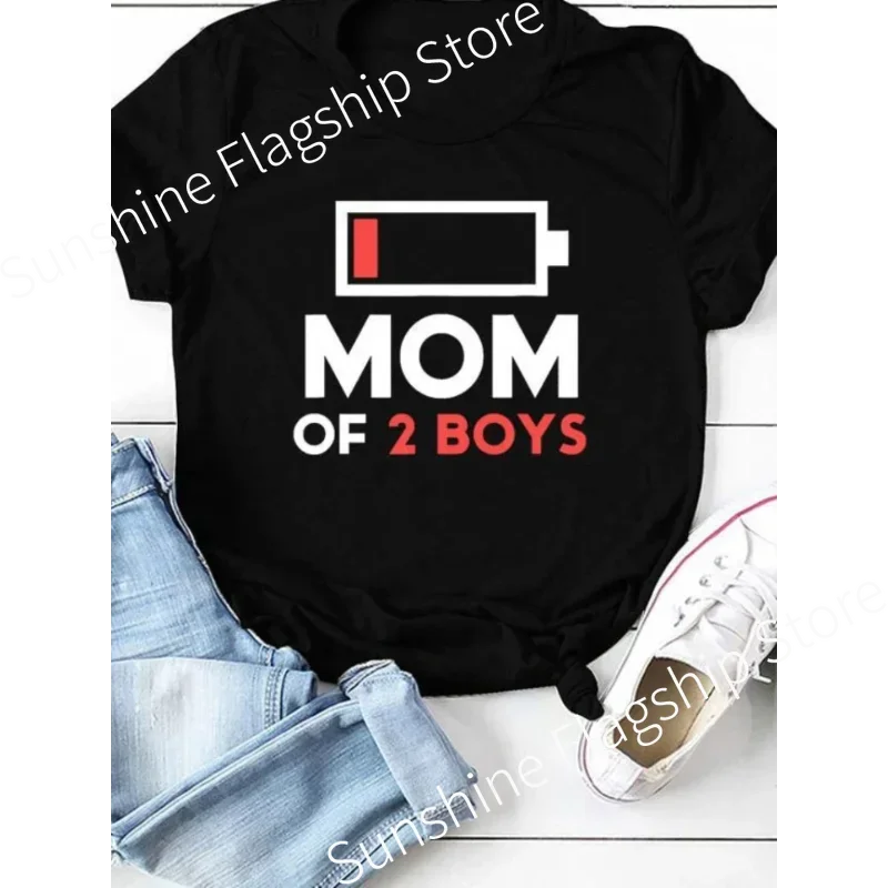 MOM OF BOYS Recharge Print Women T Shirt Short Sleeve O Neck Loose Women Tshirt Ladies Fashion Tee Shirt Tops Camisetas Mujer