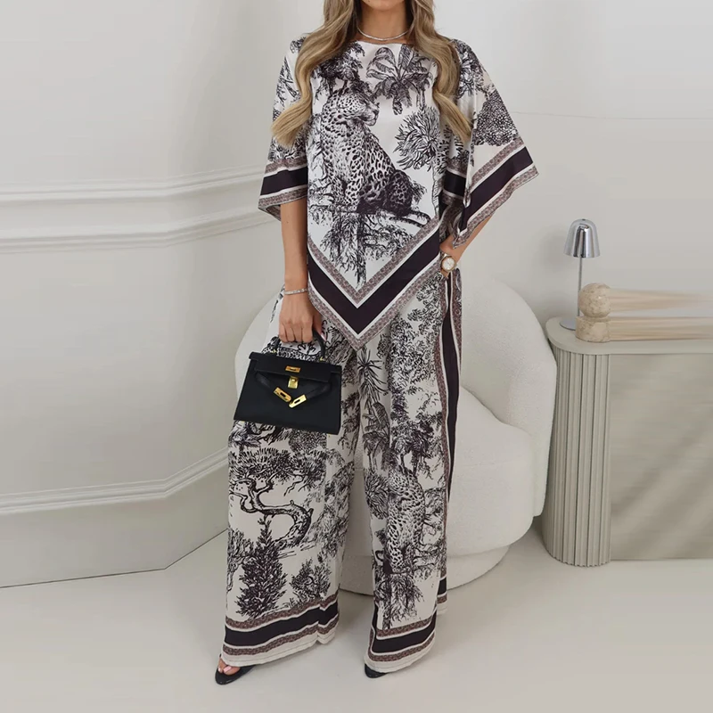 Elegant Lady Loose Vacation Outfit Ethnic Style Pattern Printed Commute Two Piece Sets Summer O-neck Half Sleeve Tops&Pants Sets