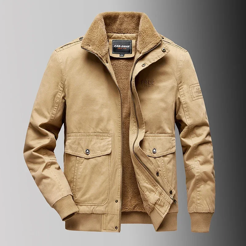New Winter Mens Pure Cotton Fleece Lined Thick Washed Cargo Jacket Stand Collar Casual Outdoor All Match Versatile Warm Daily