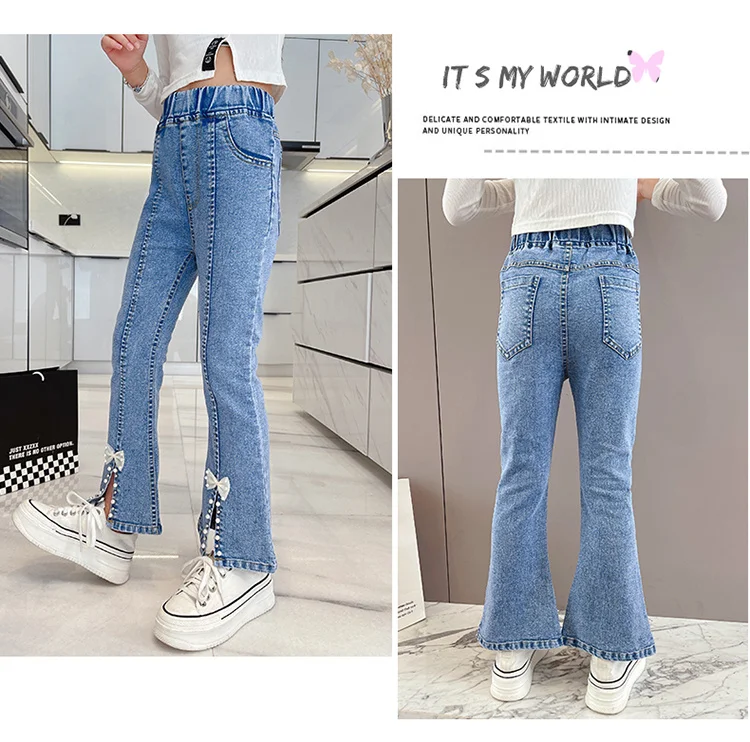 Elegante Kinder-Jeans mit Schlitz und Perlen für Mädchen, schmal geschnittene Denim-Hose mit Schleife, Kinderhose mit Schleife, Größe 5 6 7 8 9 10 11 12 13 14 – Detail 2