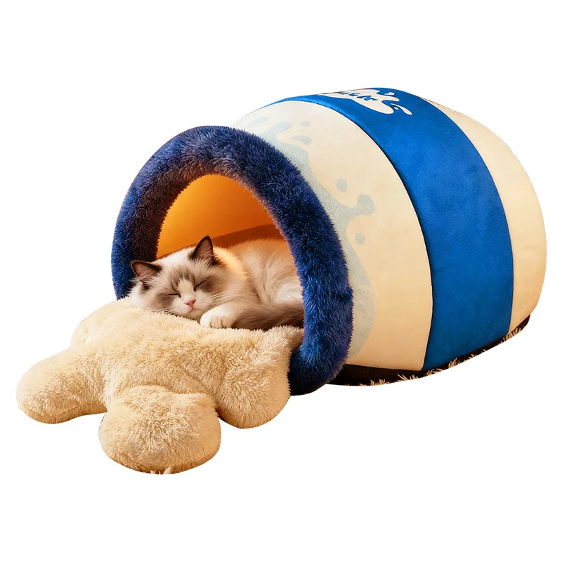Milk Can Shaped Semi-Closed Pet Nest | Autumn Winter Warm Comfort Bed for Cats & Dogs with Security Protection