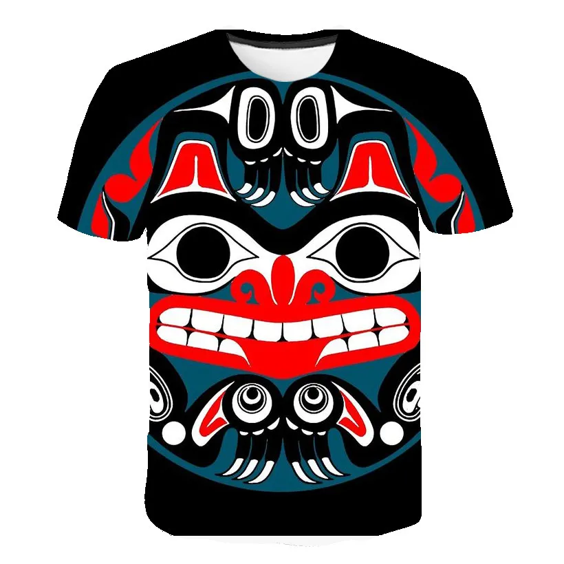 South America Ethnic Totem Feature Mask Harajuku Print Men\'s And Women\'s Crewneck Short Sleeve Street Hip-Hop T-shirt Top Summer