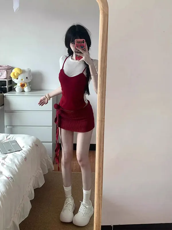 Spicy Girl Pure Desire Low Waist Slim Rose Sash A-Line  Skirt Women's Summer Design Red Bodycon Short Skirts