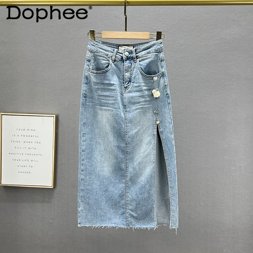 

Mid-Length Denim Skirt Women New Summer Clothing Stretchy High Waist Slimming Hip Jupe Faldas Mujer Moda 2022