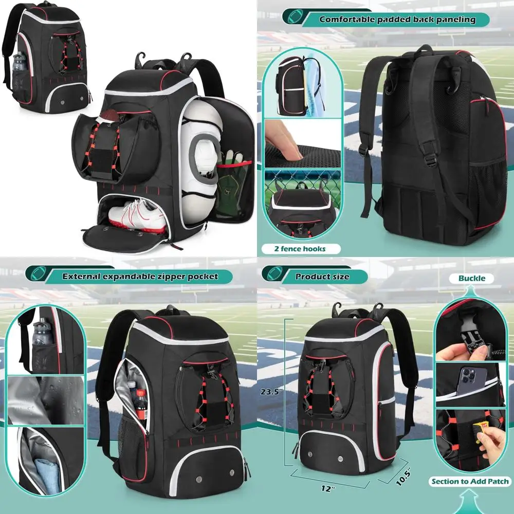 

Youth and Adult Football Backpack with Insulated Pocket, External Ball Holder, and Fence Hooks for Equipment Storage