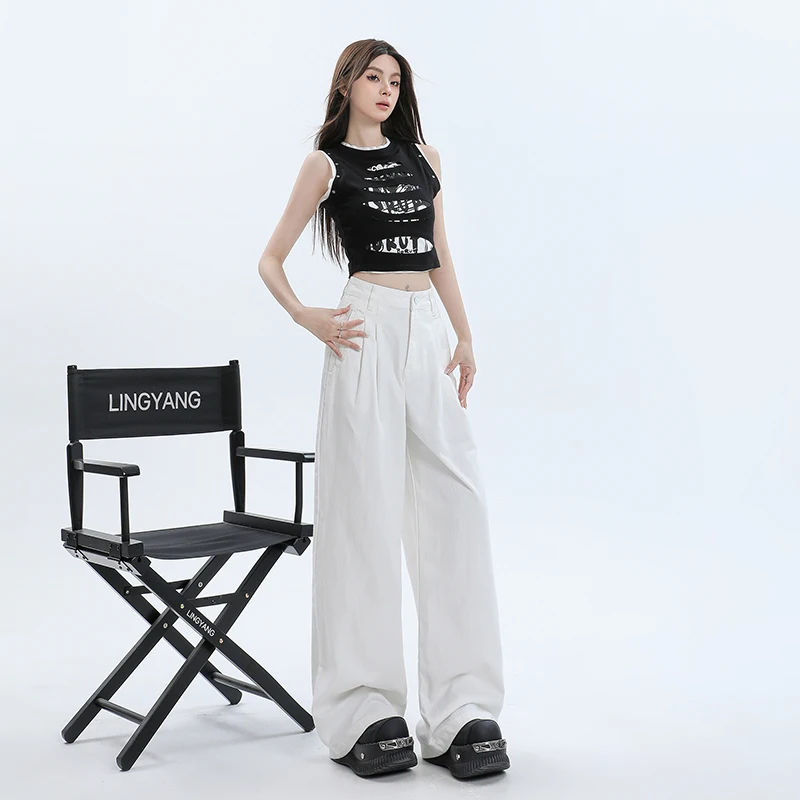 2025, neue amerikanische Retro-lose Hose mit weitem Bein, weißer Tropfen, atmungsaktiv und vielseitig, gerade Cowboy-Freizeithose für Damen