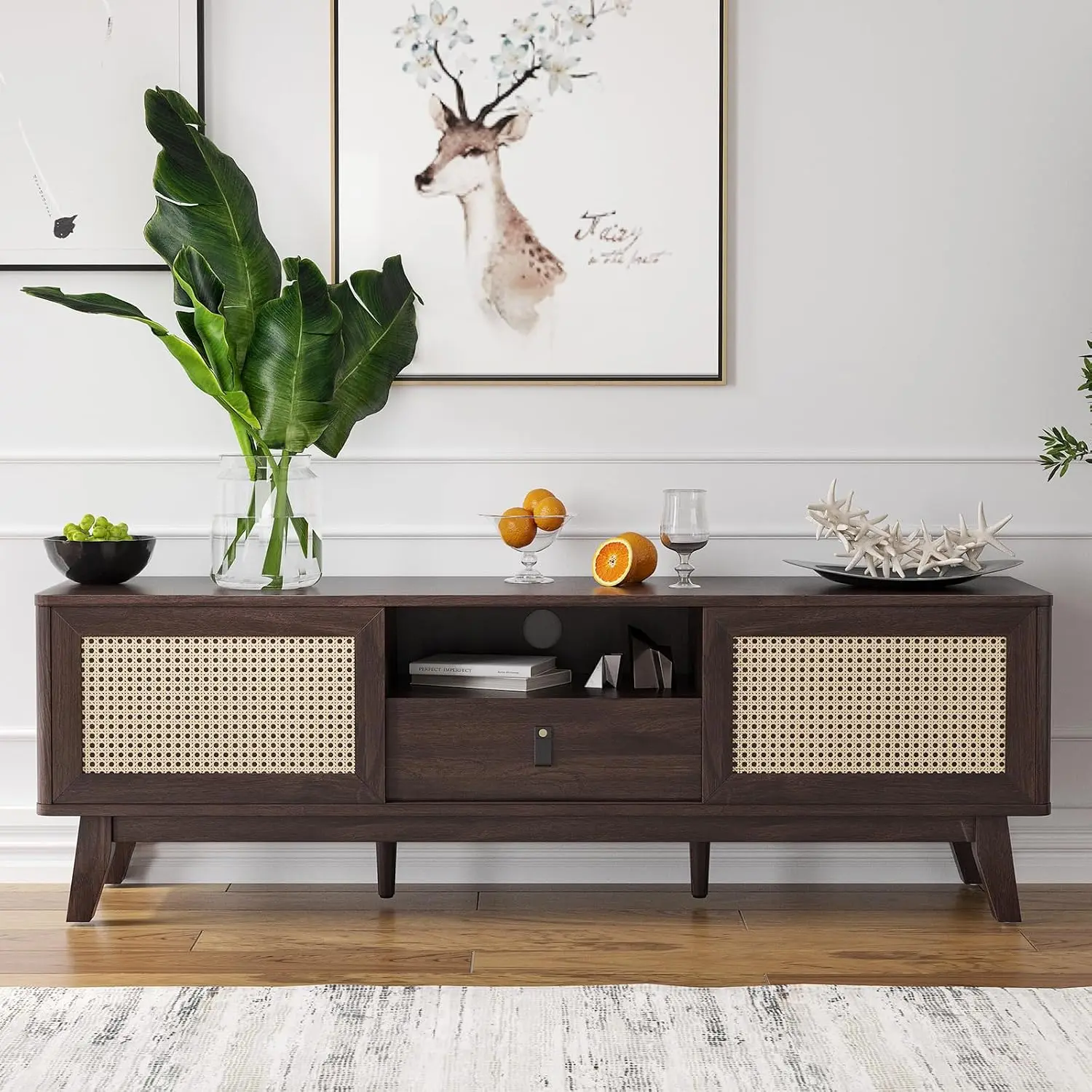 Rattan Wood TV Stand Media Console with Drawer & 2 Cabinets, Boho Entertainment Center for Living Room, Customized
