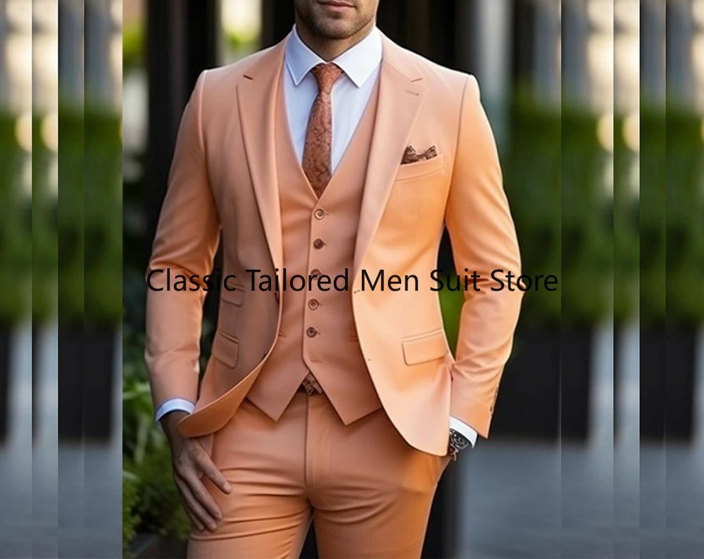 Solid Color Men's Suits Elegant Wedding 3 Piece Jacket Pants Vest Sets Luxury Prom Party Male Clothing Slim Costume Homme