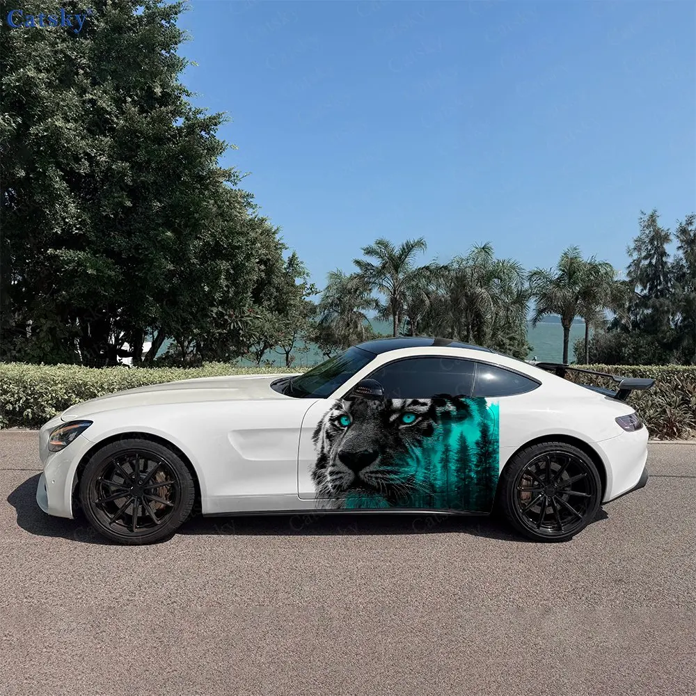 

2pcs Cyan Jungle Tiger Head Car Side Wraps, Self-Adhesive PVC Waterproof & Scratch-Resistant Stickers, Car Accessory Gift