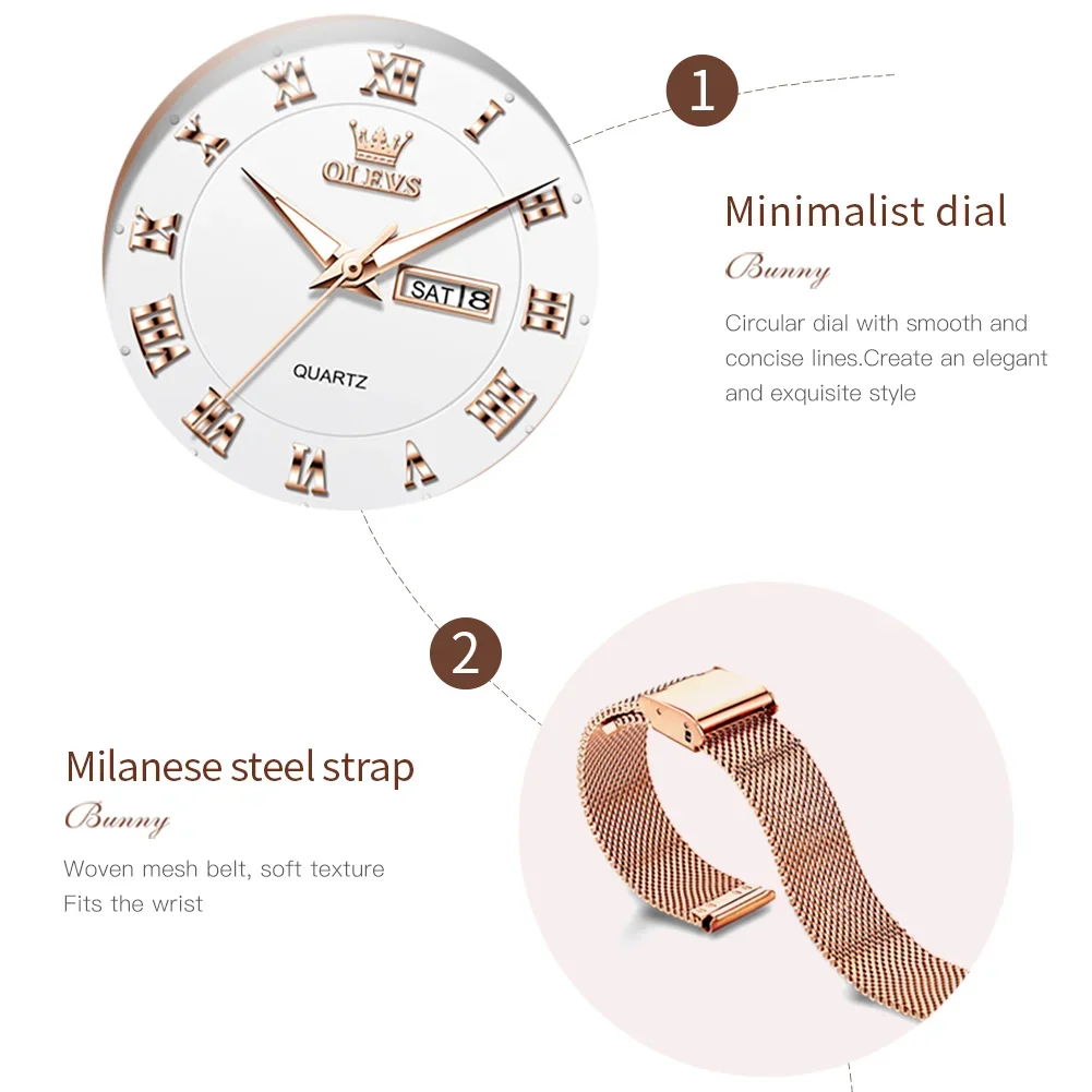 OLEVS Top Brand Ladies\' Watch Elegant Rose gold Milanese Steel Strap Roman Scale Week Display Calendar Women Quartz Wrist watch