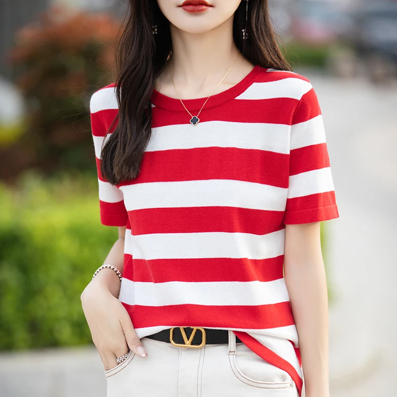 

Summer New Color Matching Striped Cotton Round Neck Short Sleeve Knit Bottoming Shirt T-shirt Slim Loose Joker Top