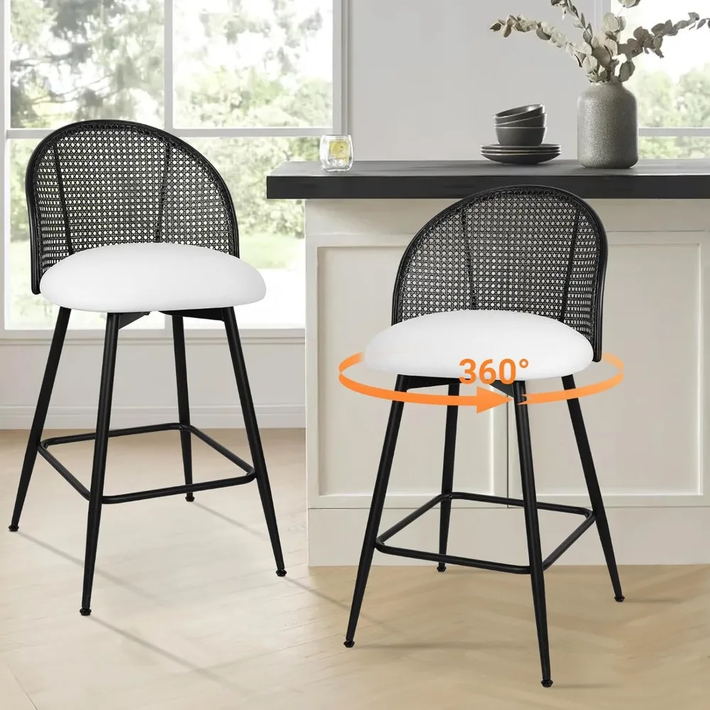 Counter Height Bar Stools Set of 2 Swivel Barstool with Black Rattan Cane Backs, 26