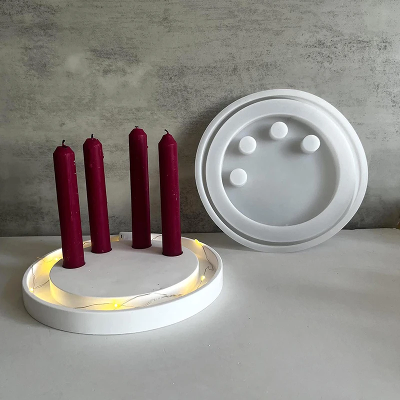 

Round Candlestick Silicone Mold 4-Hole Round Candle Holder Mold Atmosphere Light Tray Concrete Candle Holder Molds Home Decor