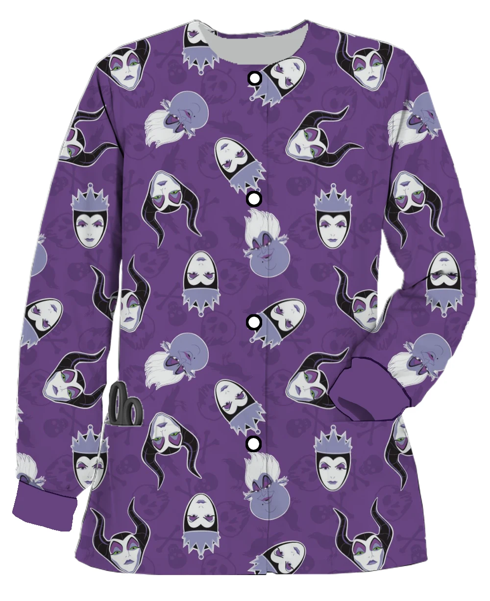 Nueva chaqueta esmerilada de manga larga con doble bolsillo para mujer de otoño e invierno, uniforme de enfermera con bolsillo con estampado de Maléfica de Disney