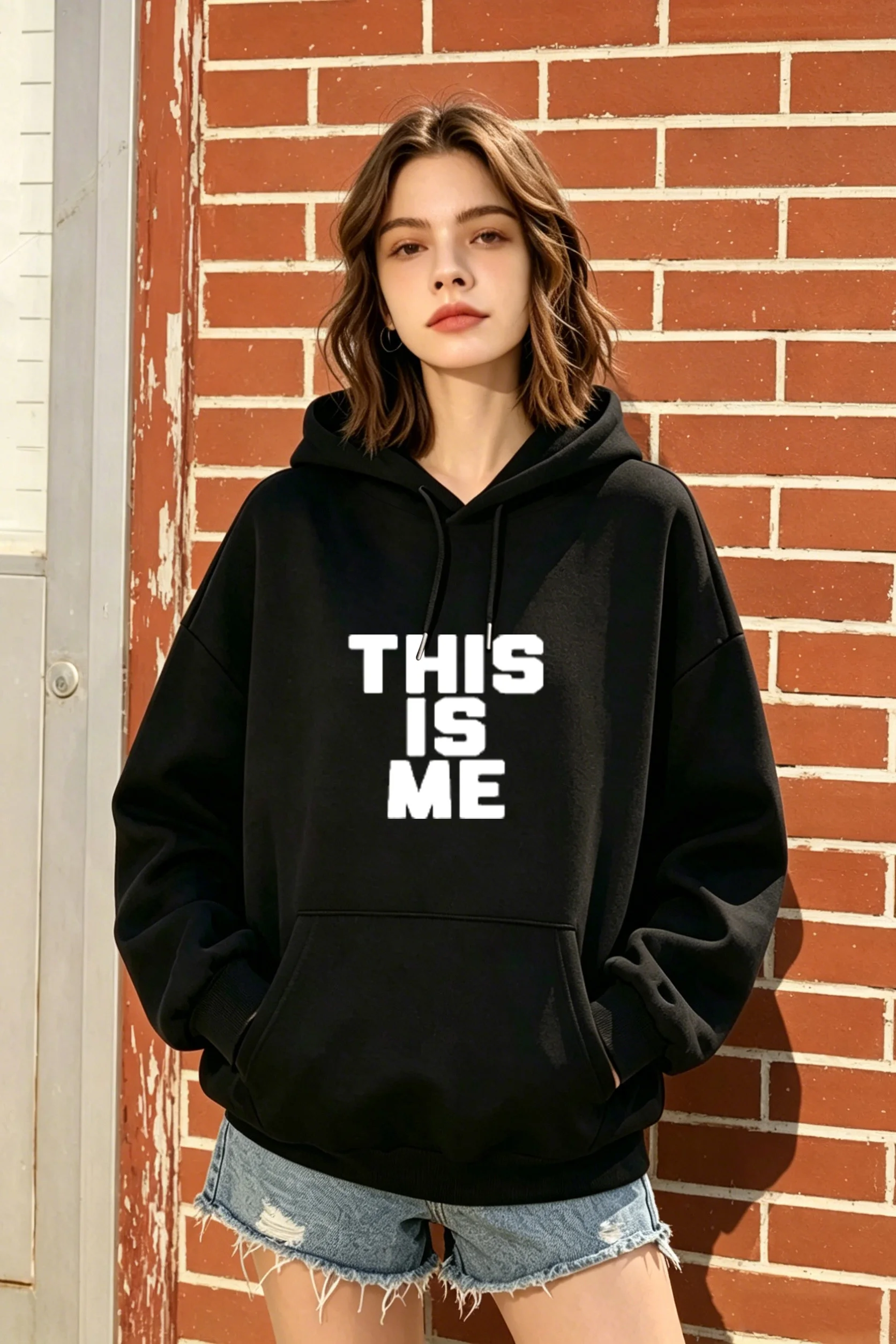 

Women's "THIS IS ME" Slogan Loose-Fit Hoodie, Stylish & Versatile, 3 Colors Available (Black/White/Grey)