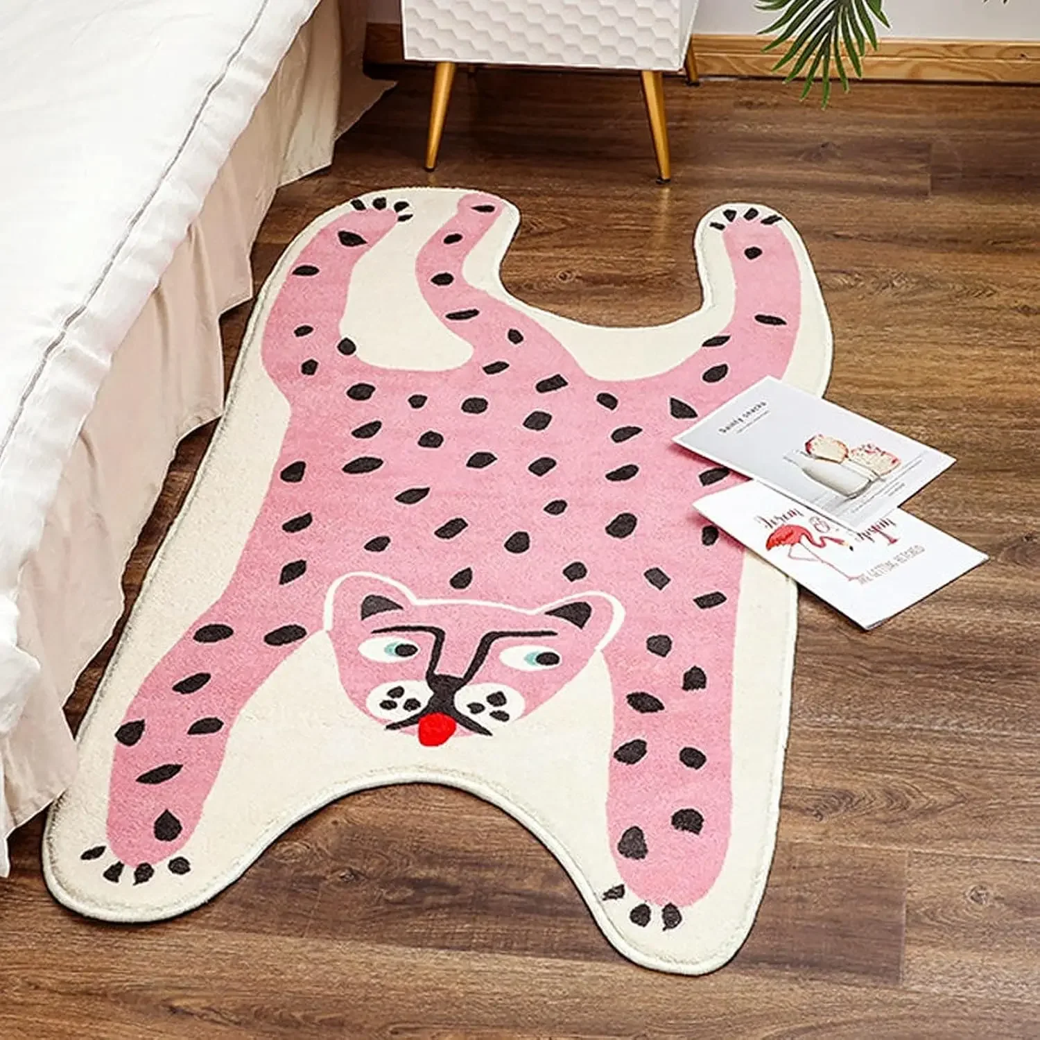 Leopard Shape Bedside Carpet Pink Rug Cute Cartoon Door Mat Non Slip Animal Area Rug Washable Mat Water Absorption Rugs for Kid