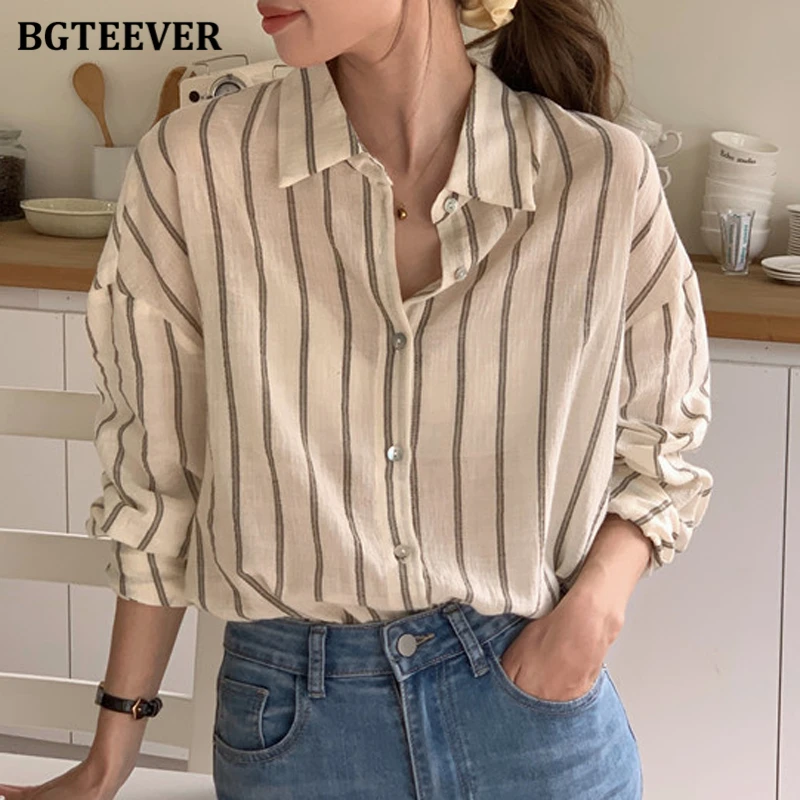 BGTEEVER Casual Loose Turn-down Colla Ladies Striped Shirts Tops Summer Fashion Long Sleeve Female Single-breasted Blouses