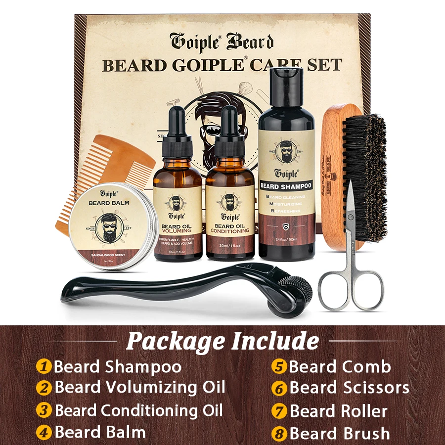 Men Beard Care Gift Set Beard Shampoo Bearded Moisturizing Balm Cleansing and Nourishing Beards Conditioner Styling Tools 8pcs