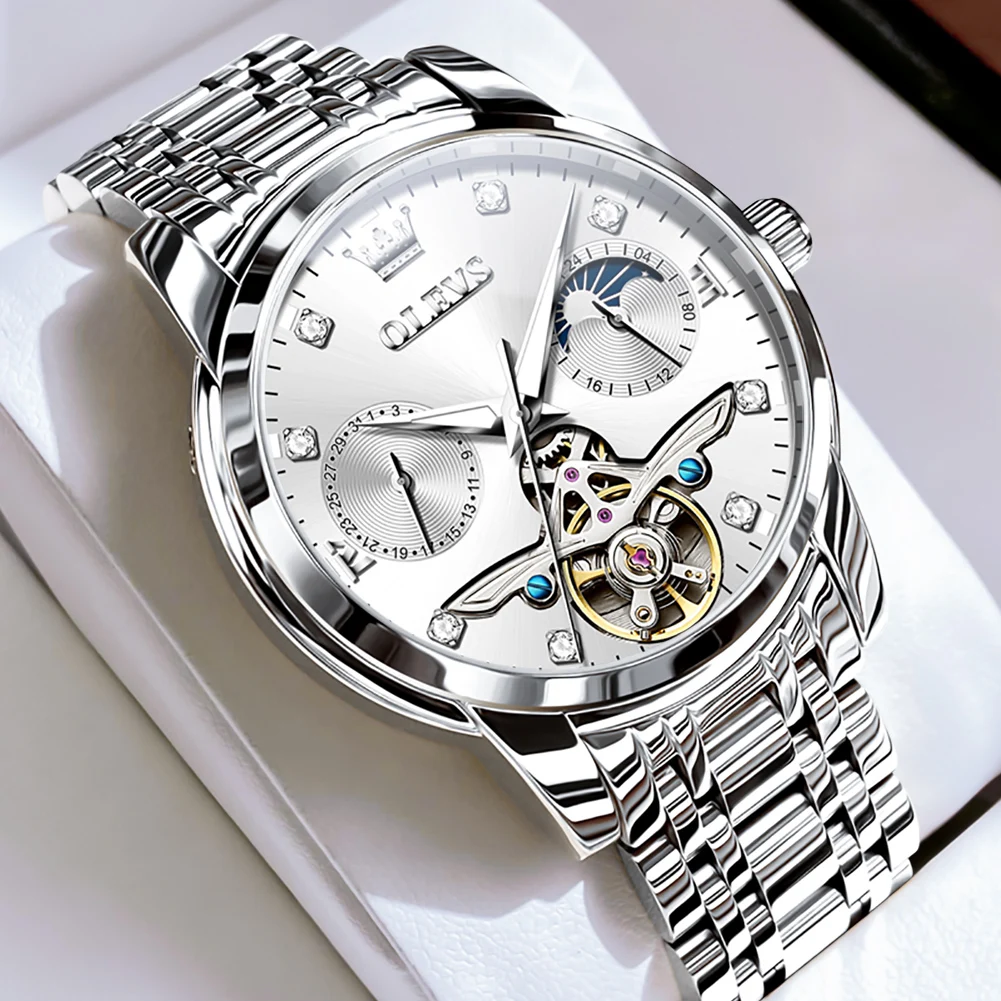 

OLEVS Tourbillon Водонепроницаемые серебряные мужские часы из нержавеющей стали Автоматические механические часы с фазой Луны для мужчин reloj hombre