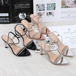 2023 Summer Women 9.5cm High Heels Shiny Rhinestone Sandals Lady Crystal Glass Strange Heels Sandles Wedding Bridal Silver Shoes