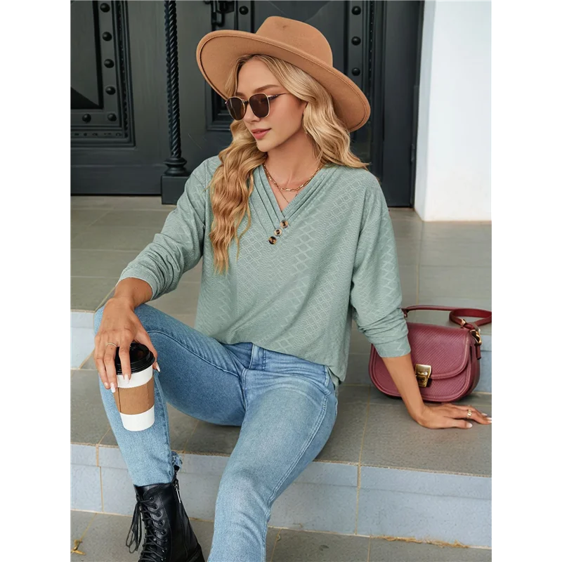 

A83F-Women V Neck Long Sleeve Blouses Casual Pullover Tops Dressy Loose Fit Tunic Blouses Fall Shirt Top