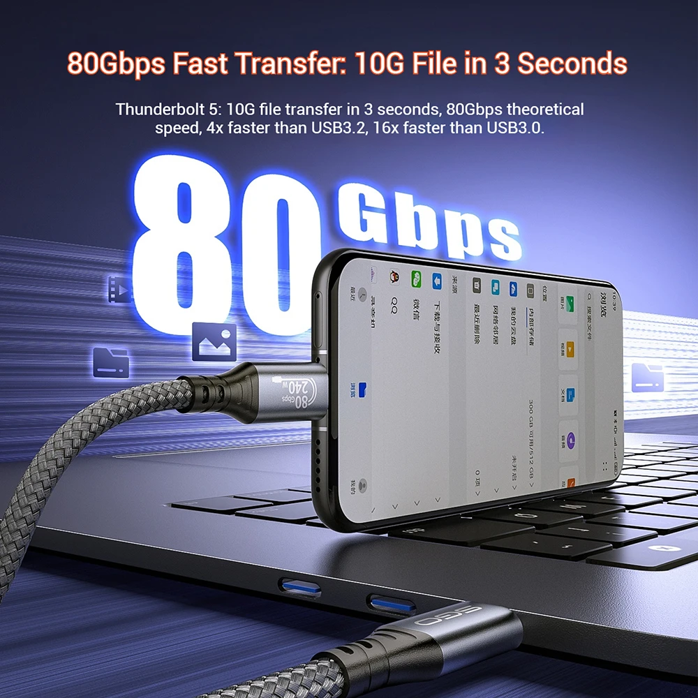 USB 4 Gen 3 80Gbps Cable for Thunderbolt 5 240W Right Angle 90 Degree USB C Cord 8K@60Hz Display for MacBook