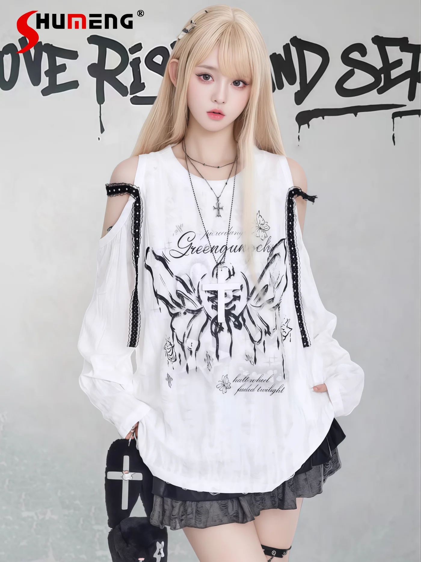 

Street Subculture Butterfly Graffiti Off-Shoulder Long Sleeve T-Shirt Women Autumn Lazy Style Loose Versatile Hot Girl Y2K Tops