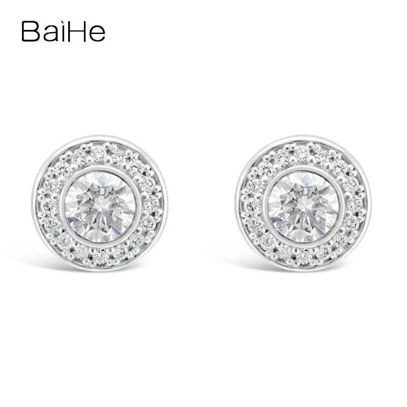 BAIHE Solid 18K White/Yellow/Rose Gold 1.30ct H/SI Natural Diamond Round Stud Earrings For Women Men Trendy Wedding Fine Jewelry