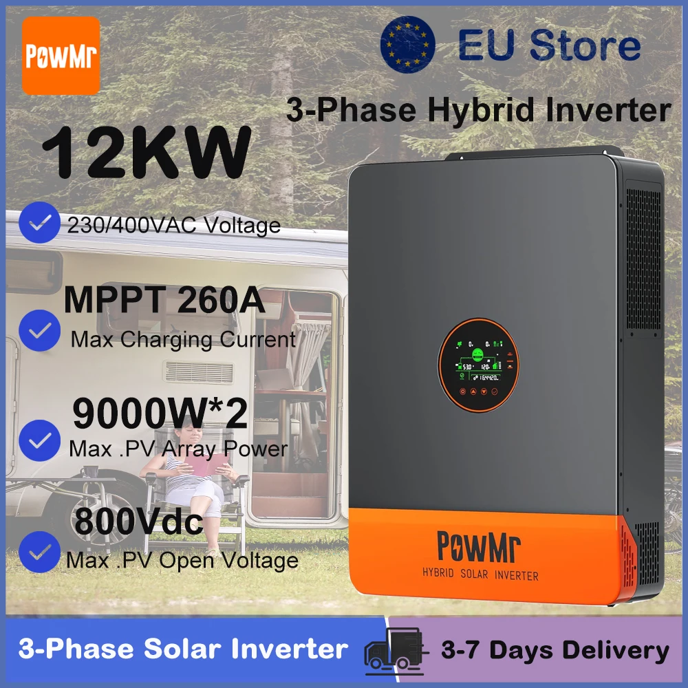 Polen Voorraad 12KW 48V 3-fasen Hybride Solar Inverter 230/400V AC Ingebouwde 260A Dubbele MPPT Solarlader Max PV 800Vdc Geschikt voor Lithium Batterij Off-Grid Home Inverter