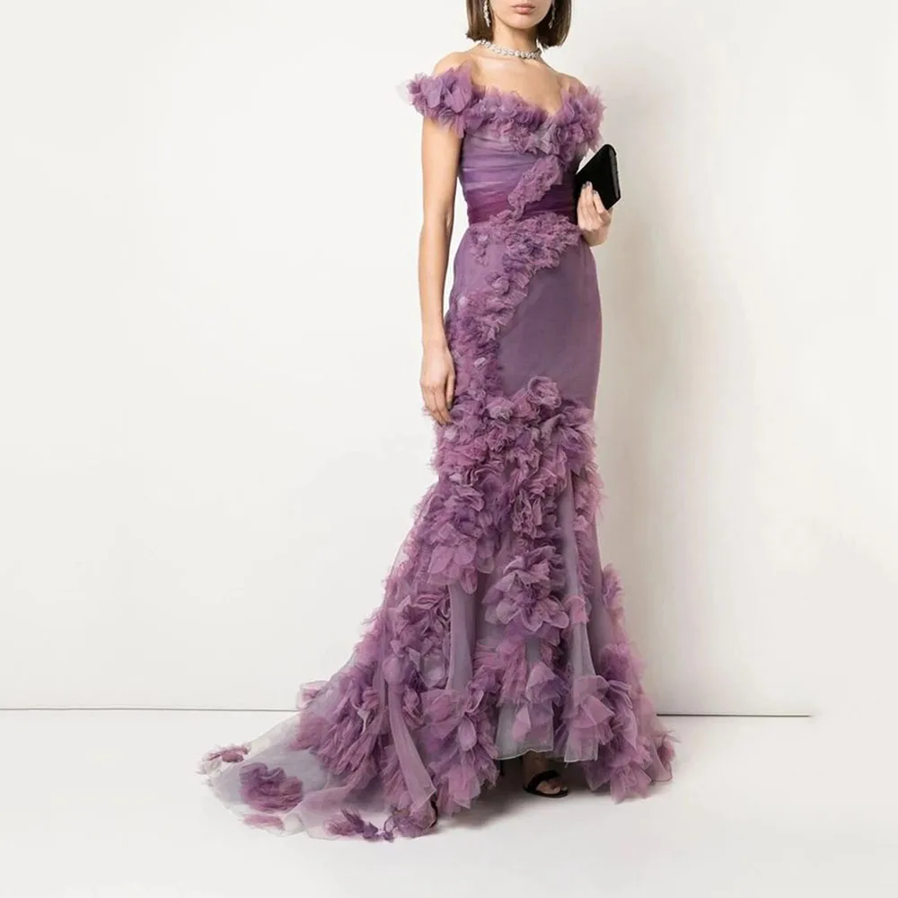 Elegant Purple Women Prom Dresses Floor Length Trumpet Flowers Slim Fit Classy Strapless Female Banquet Evening Party Gowns