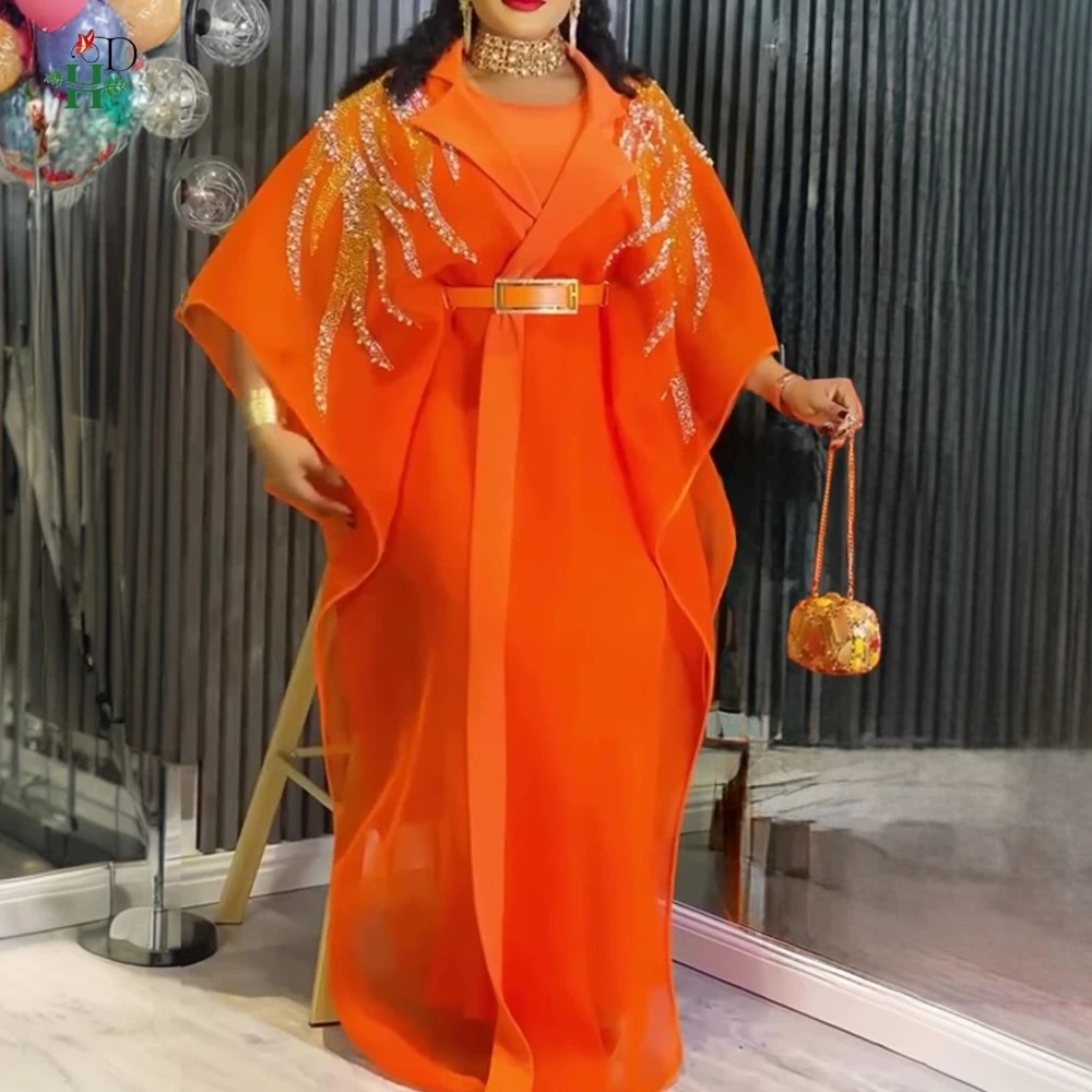 فستان أفريقي H&D للنساء مقاس كبير فستان تركيا فستان قفطان بياقة شال مع زخارف ترتر ذهبي فستان حفلات الزفاف #1