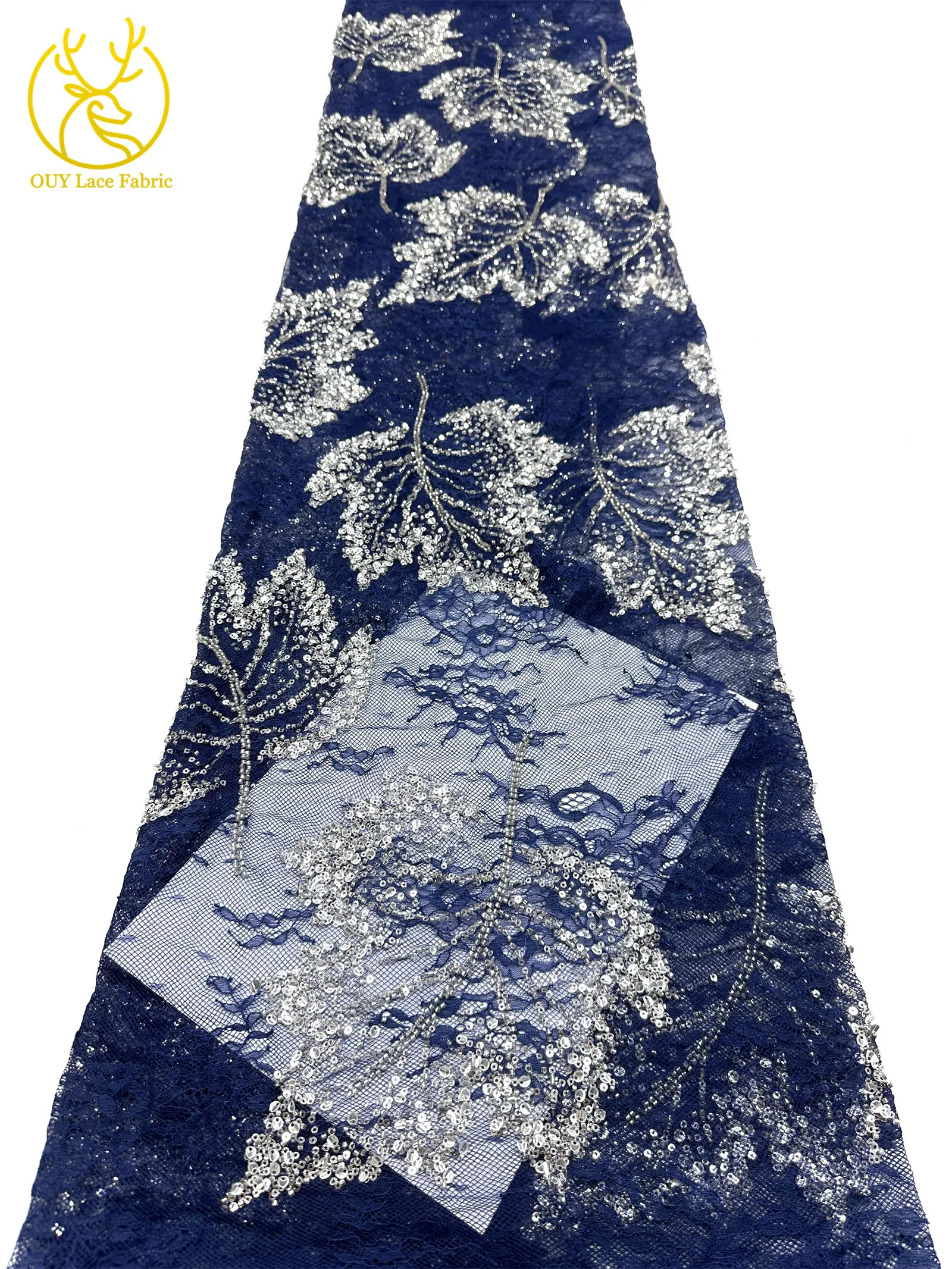 Weinroter afrikanischer bestickter Perlen-Spitzenstoff, 5 Yards, französisches Blattmuster, Pailletten-Tüll-Spitzenstoff für Hochzeits- und Partykleider – Detail 29