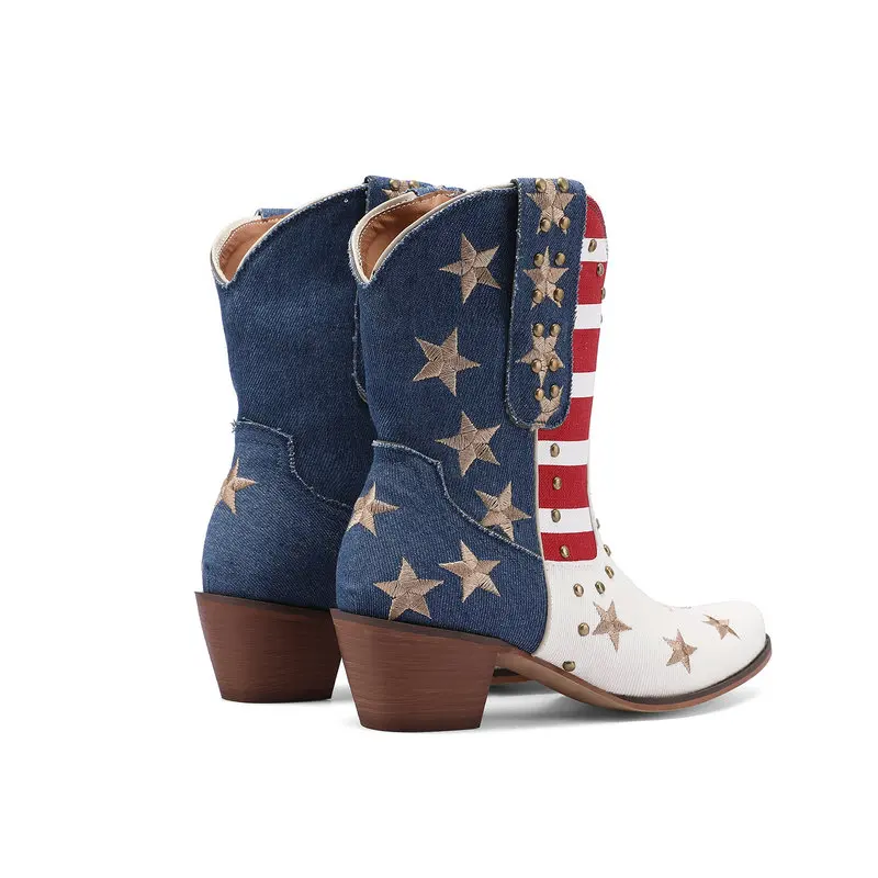 Women's Cowboy Western Boots USA Flag Ankle Booties Denim Studded Rivets Embroidery Stars Stripes Heeled Shoes 2024 New Footwear