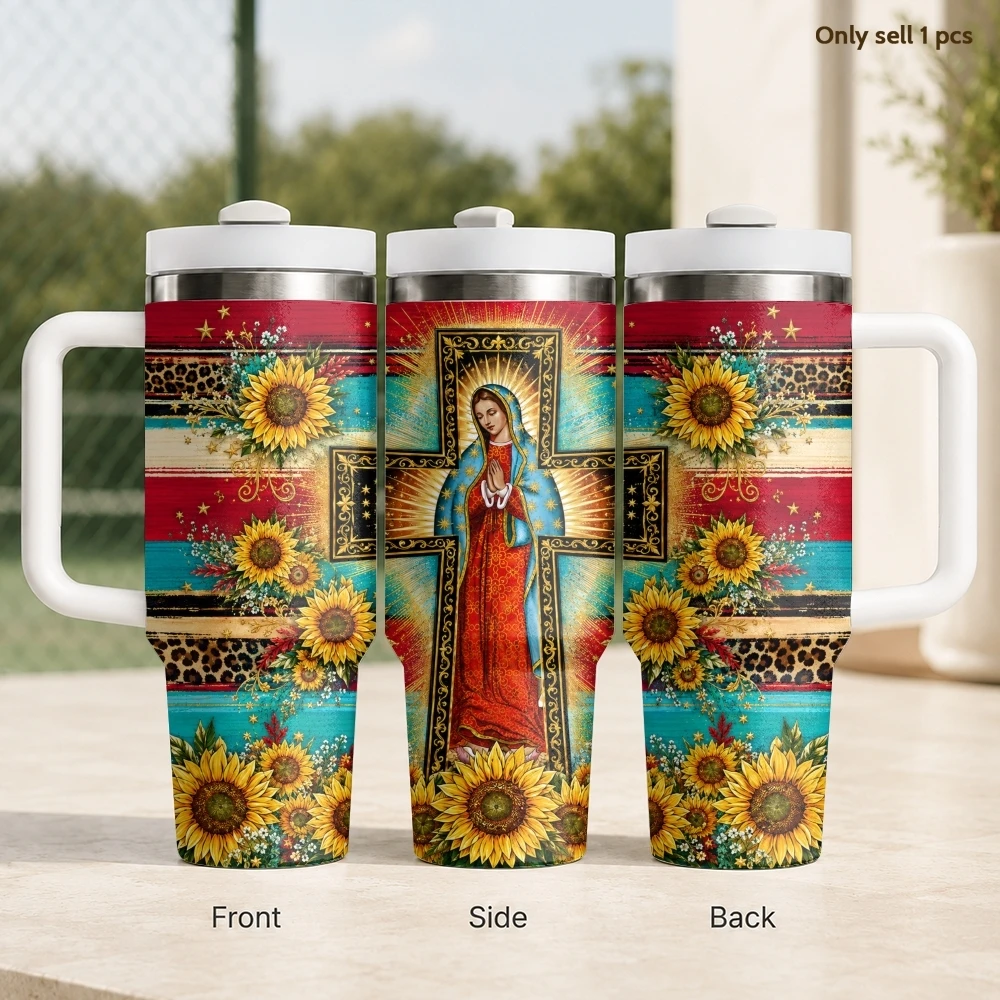 Guadalupe Cross Faith Vacuum Flasks 40oz Stainless Steel Travel Tumbler with Handle Straw Lid Double Wall Vacuum Insulated