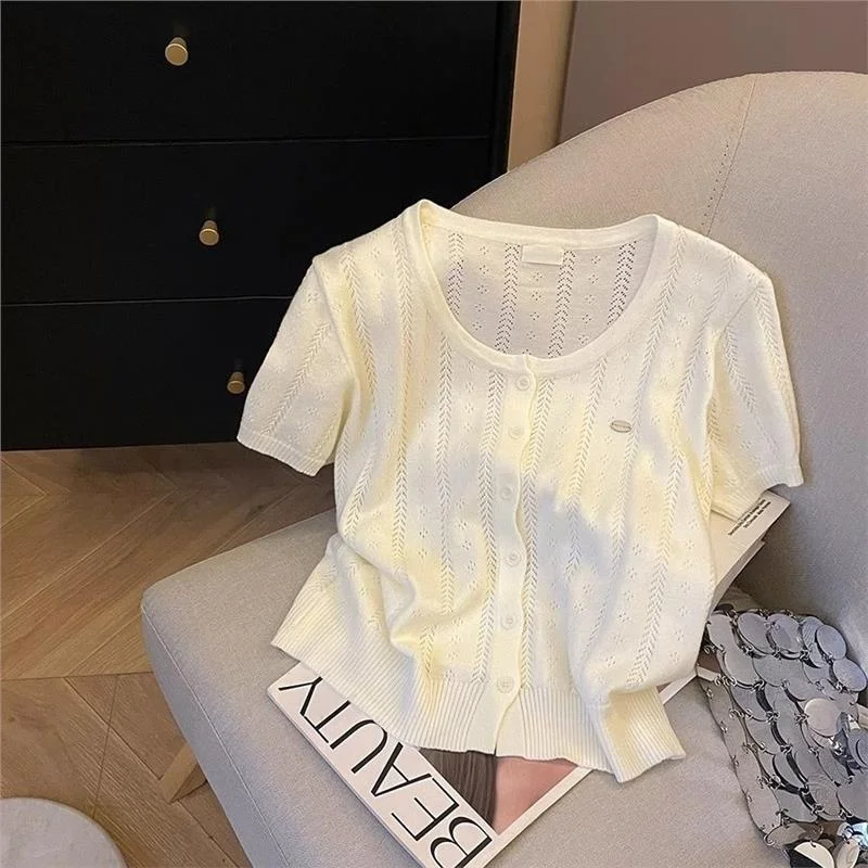 

Женский ор вязаный кардиган круглый Ne Hollow out ort Sve Топ для похудения на одной пуговице Верхняя одежда Универсальная хлопковая футболка